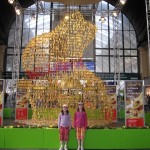 Giant Lindt bunny made out of hanging bells