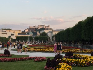 Mirabel Gardens in Salzburg with the fortress in the distance