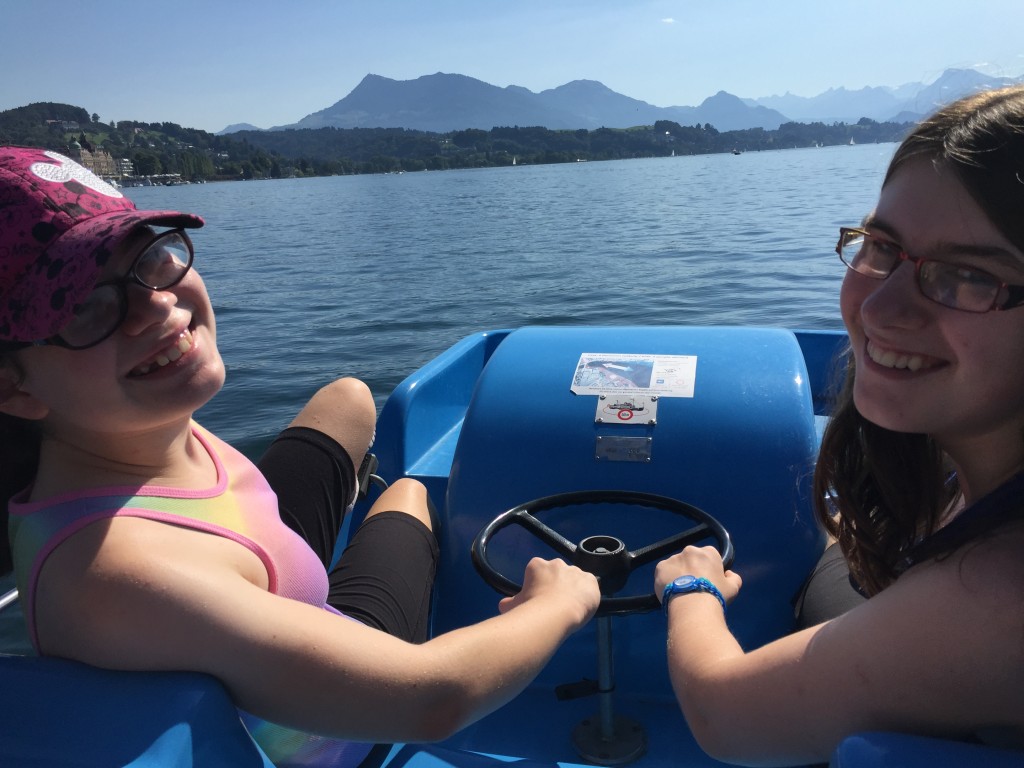 Connie and Heidi driving the paddleboat (they managed about 10 minutes and then swapped with Mum & Dad)
