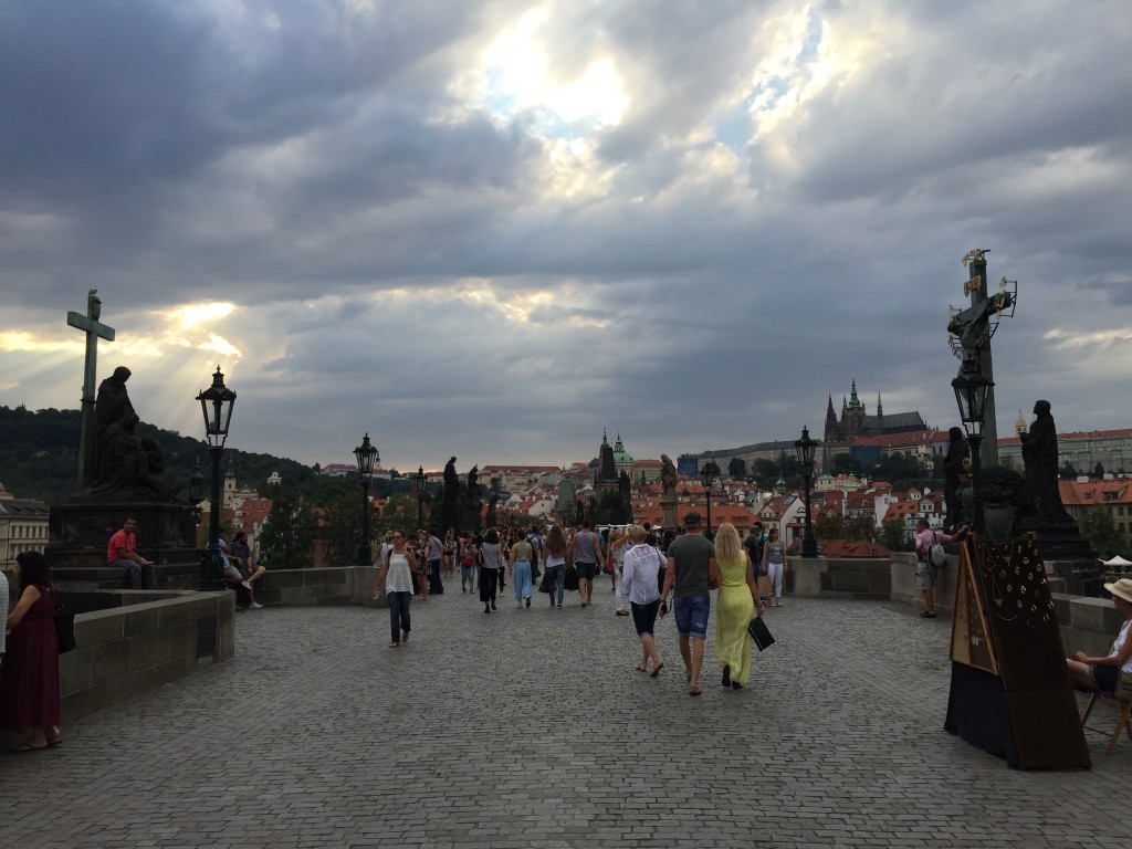 Charles Bridge, with many statues and many tourists
