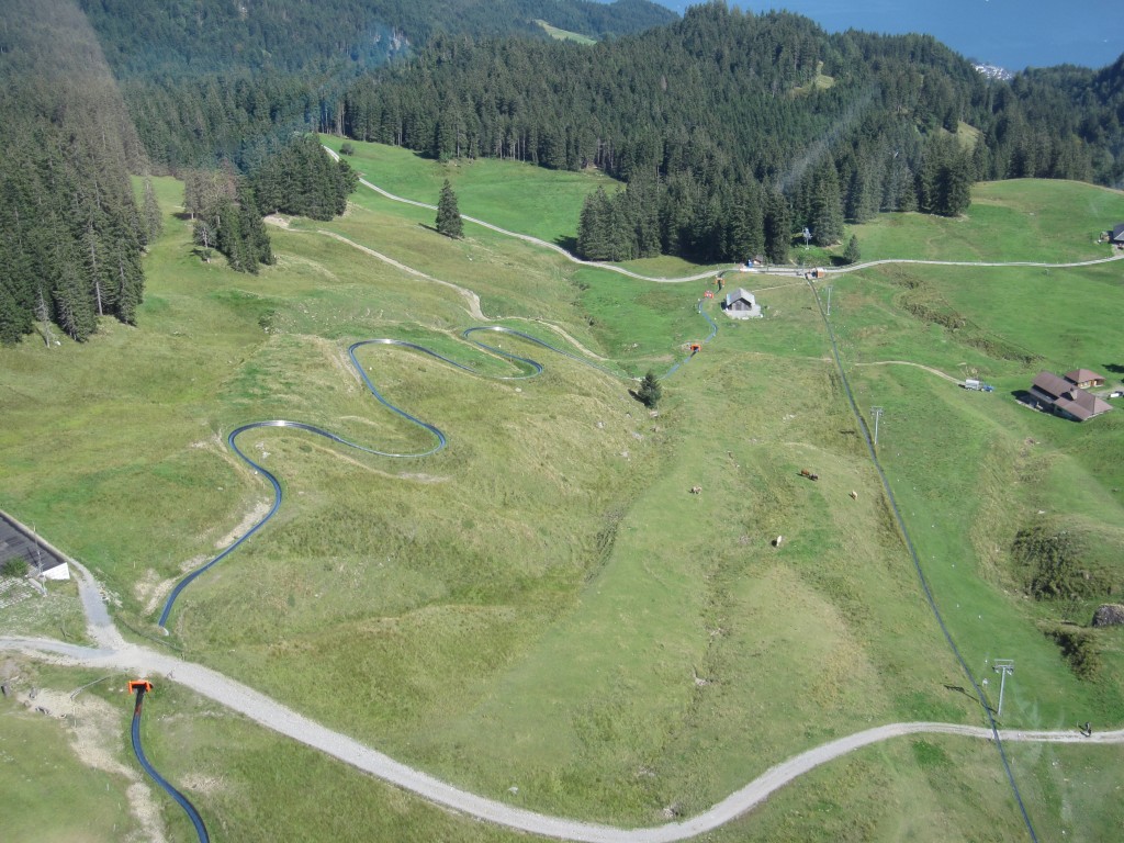 A view of the summer luge run from the cable car. The straight track on the right is the rope tow that brings you back up when you've reached the bottom